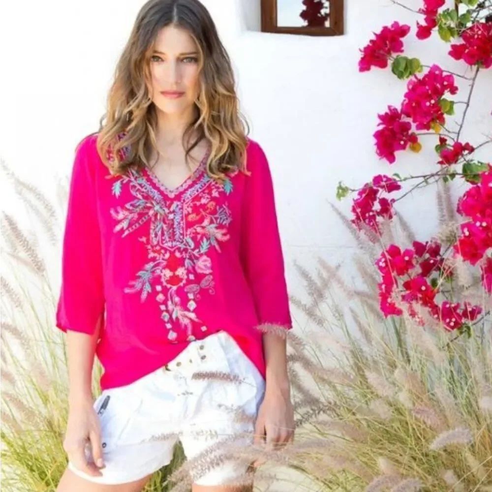 Johnny Was Dragonfly Floral Embroidered Blouse V Neck Pink Size XS